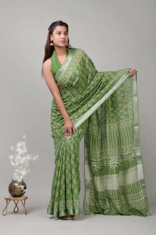 Green Mulmul Cotton Saree