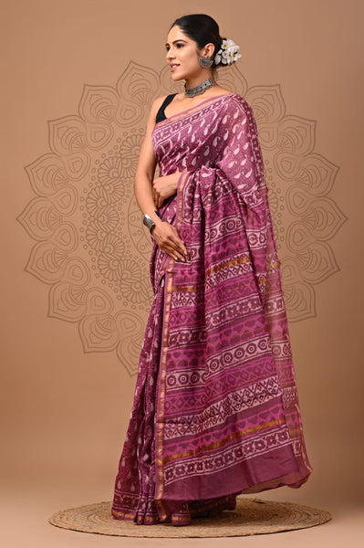 Pink Printed Chanderi Silk Saree