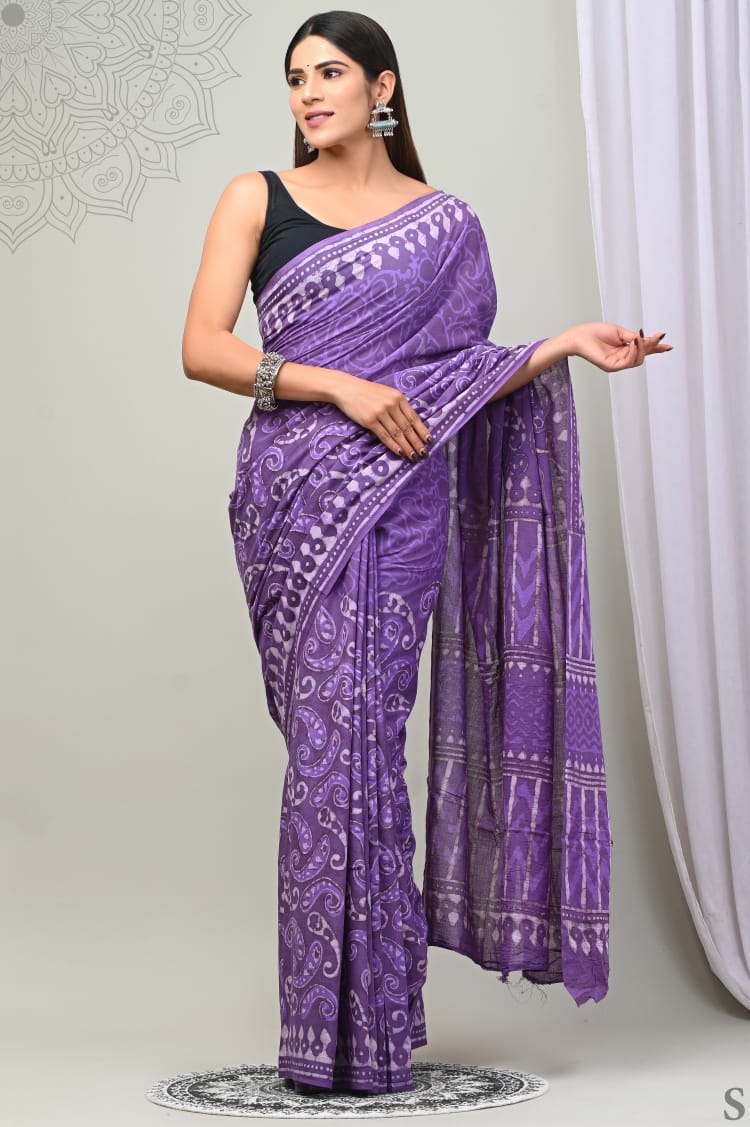 Lavender Mulmul Cotton Saree