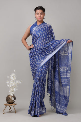 Blue Mulmul Cotton Saree