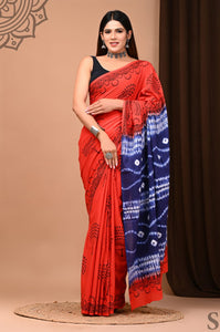 Red and Blue Mulmul Cotton Saree