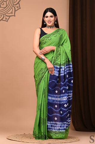 Green and Blue Mulmul Cotton Saree