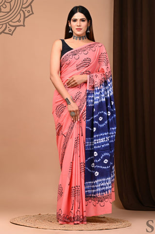 Pink and Blue Mulmul Cotton Saree