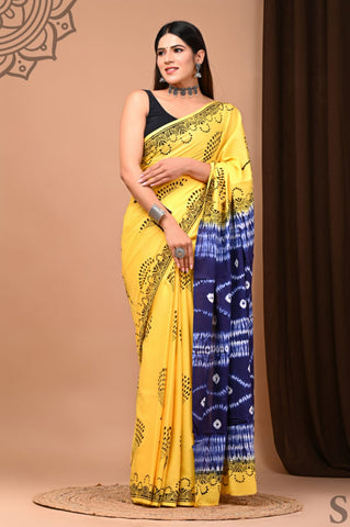 Yellow and Blue Mulmul Cotton Saree