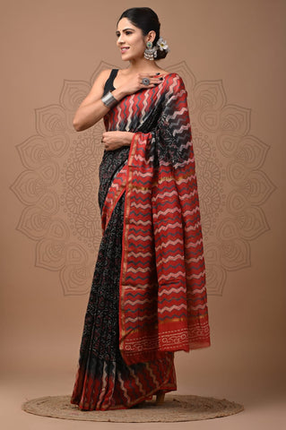 Red & Black Printed Chanderi Silk Saree