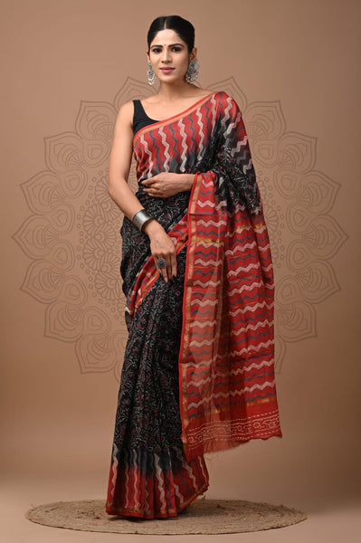 Red & Black Printed Chanderi Silk Saree