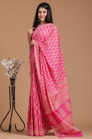 Pink Mulmul Cotton Saree