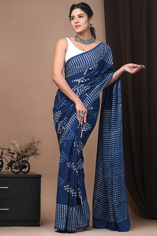 Blue Mulmul Cotton Saree