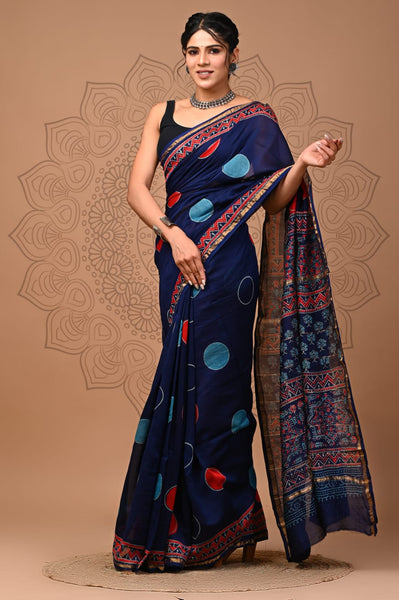 Royal Blue Printed Chanderi Silk Saree