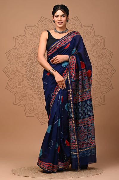 Royal Blue Printed Chanderi Silk Saree