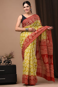 Yellow and Red Mulmul Cotton Saree