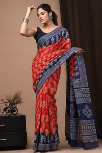 Red and Blue Mulmul Cotton Saree