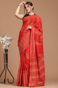 Red Mulmul Cotton Saree