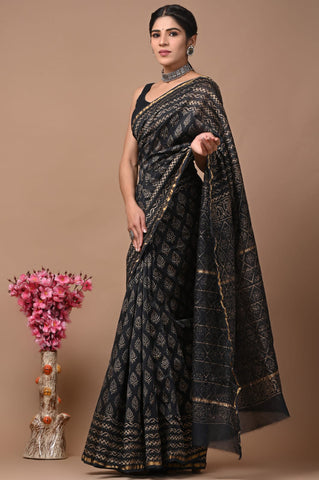 Black Printed Chanderi Silk Saree