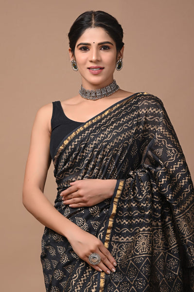 Black Printed Chanderi Silk Saree