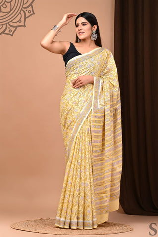 Yellow Mulmul Cotton Saree