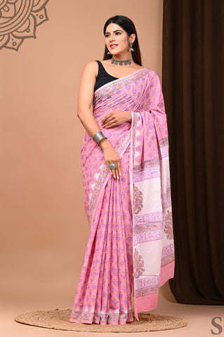 Pink Mulmul Cotton Saree