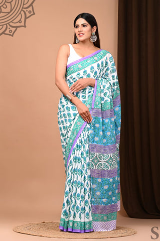 Blue Mulmul Cotton Saree