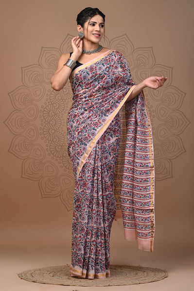 Blue Printed Chanderi Silk Saree