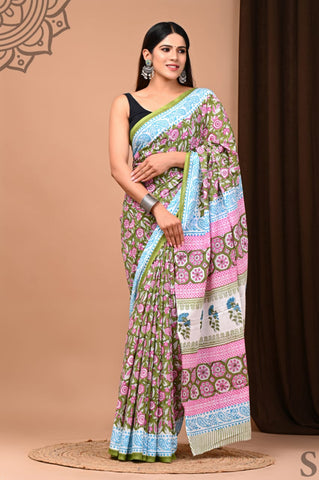 Multicolour Mulmul Cotton Saree