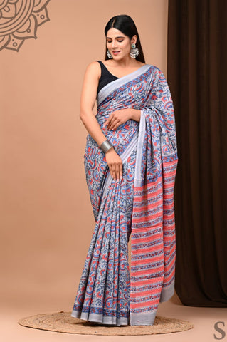 Multicolour Mulmul Cotton Saree