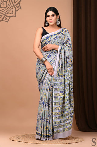 Blue Mulmul Cotton Saree