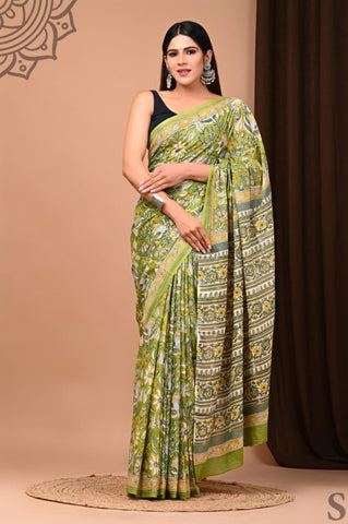 Green Mulmul Cotton Saree