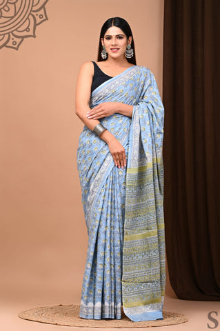 Blue Mulmul Cotton Saree