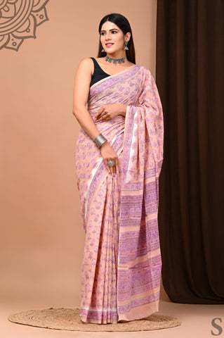 Pink Mulmul Cotton Saree