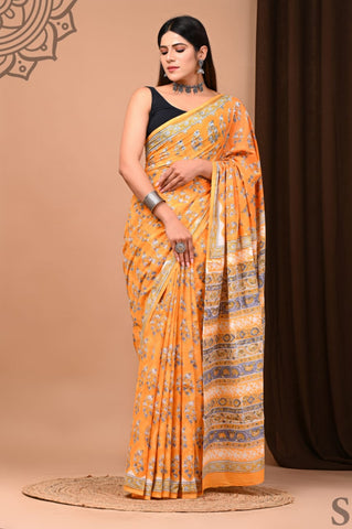 Yellow Mulmul Cotton Saree