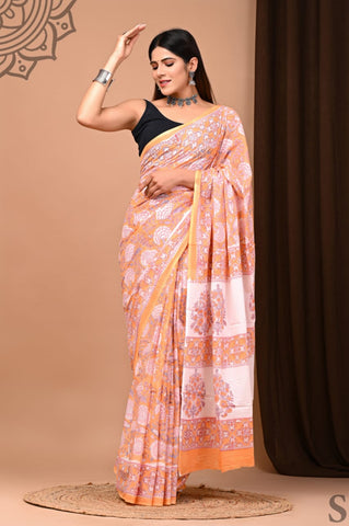 Pink Mulmul Cotton Saree