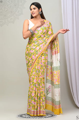 Yellow Mulmul Cotton Saree