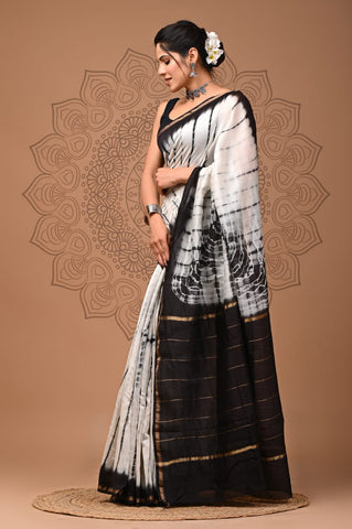 Black & White Printed Chanderi Silk Saree