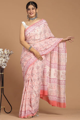 Pink Mulmul Cotton Saree