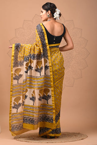 Yellow Printed Chanderi Silk Saree