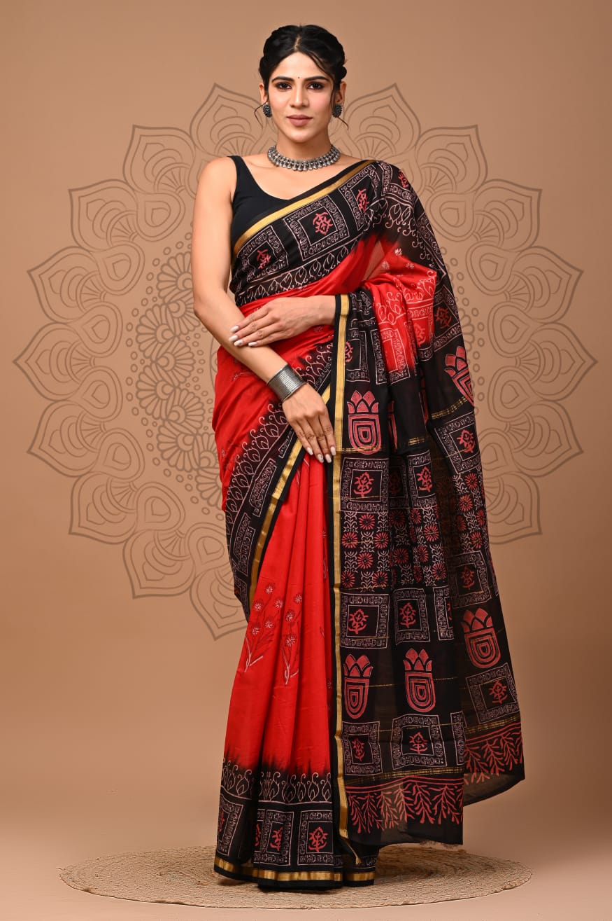 Red & Black Printed Chanderi Silk Saree