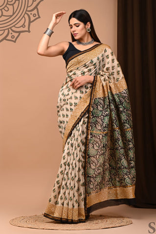 Off White Printed Chanderi Silk Saree