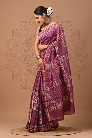 Purple Printed Chanderi Silk Saree