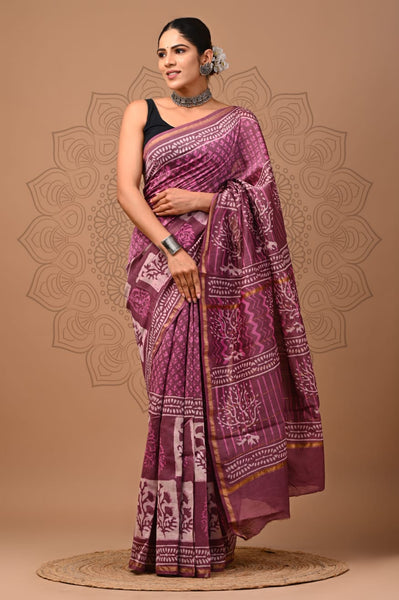 Purple Printed Chanderi Silk Saree