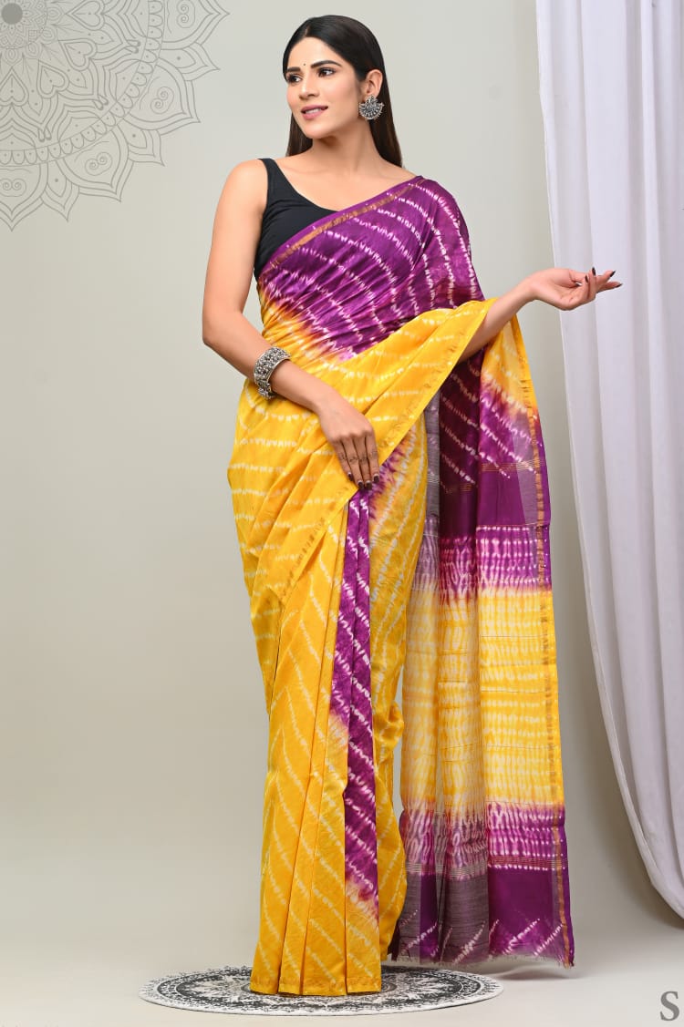 Yellow & Purple Printed Chanderi Silk Saree