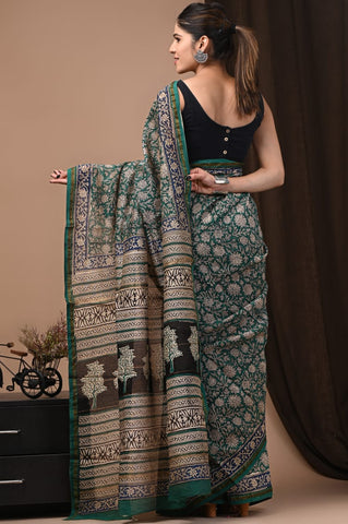 Dark Green Printed Chanderi Silk Saree