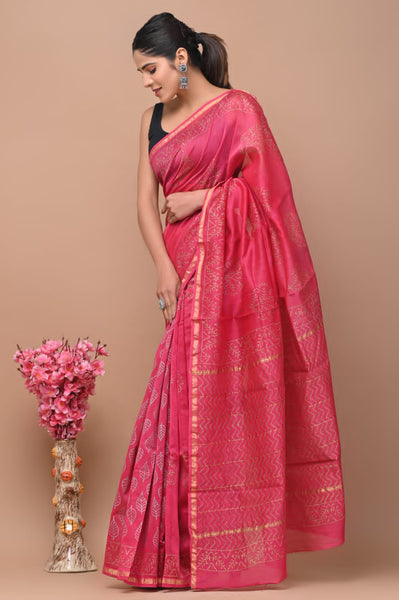 Pink Printed Chanderi Silk Saree
