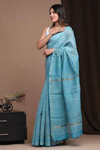 Light Blue Printed Chanderi Silk Saree