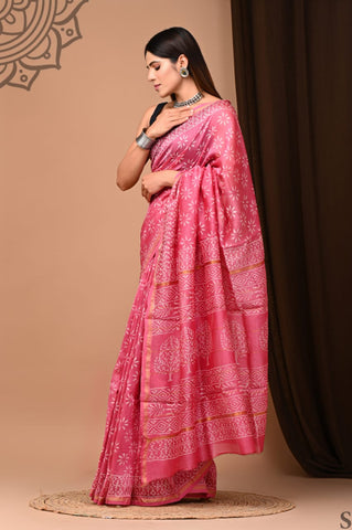 Pink Printed Chanderi Silk Saree