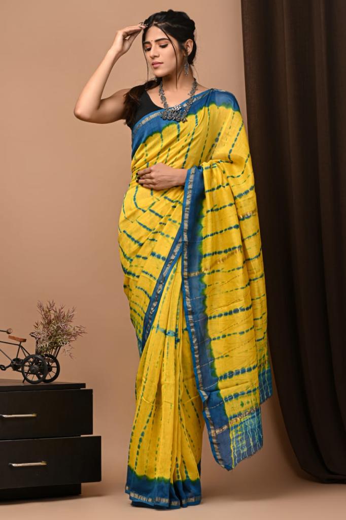 Yellow & Blue Printed Chanderi Silk Saree
