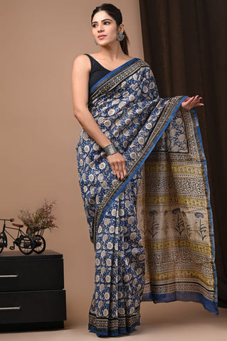 Blue Printed Chanderi Silk Saree