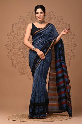 Dark Blue Printed Chanderi Silk Saree