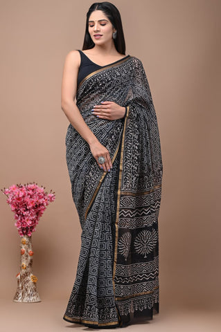 Black Printed Chanderi Silk Saree