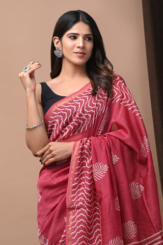 Pink Printed Chanderi Silk Saree