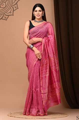 Pink Printed Chanderi Silk Saree